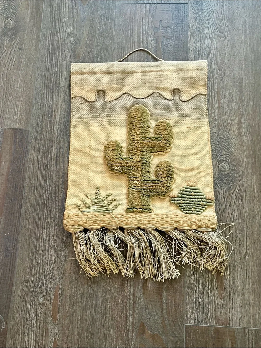 Handwoven Desert Cactus Wall Hanging in Tan and Brown 16/20 inches